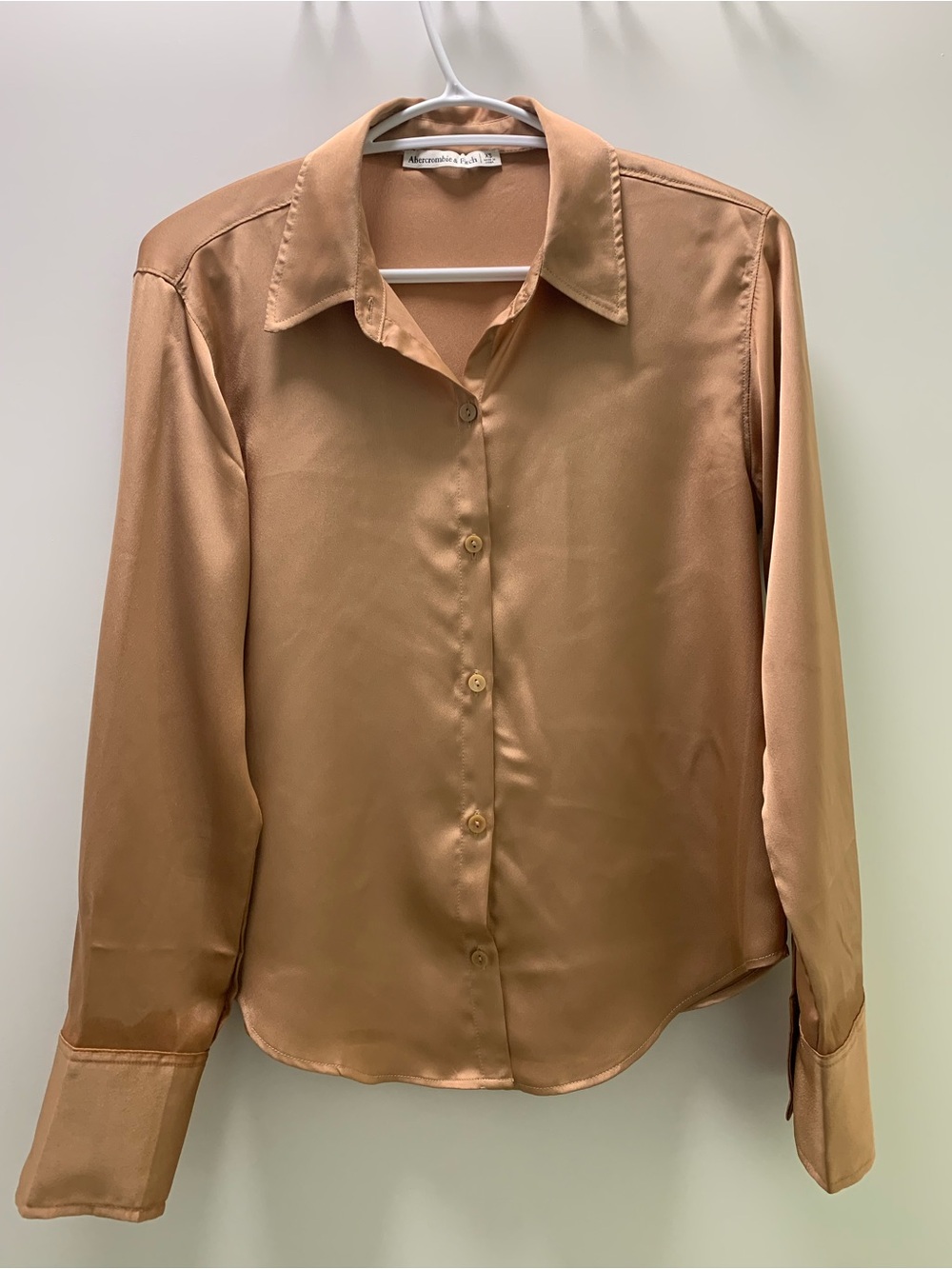 Abercrombie & Fitch Satin Button-Down Shirt in Camel